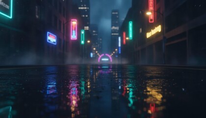 Fototapeta premium Futuristic Neon-Lit City Street at Night with Reflections on Wet Pavement