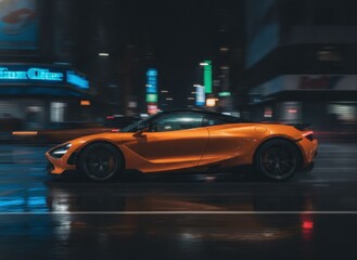 Fototapeta premium Orange sports car speeding through city streets at night with blurred motion