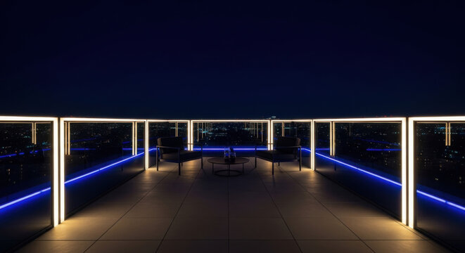 Modern Balcony Seating With City Lights At Night