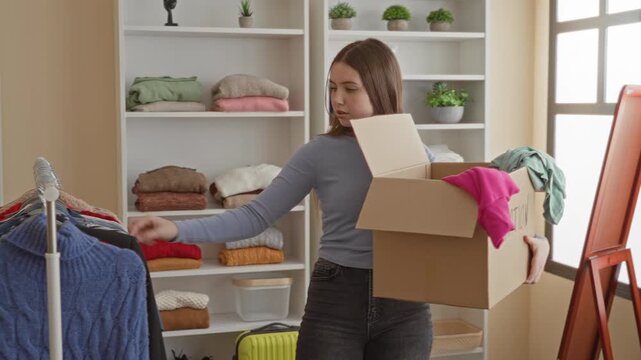 Woman holding a cardboard donation box while inspecting and pulling a knitted sweater from a clothing rack inside a building closet; concerned.