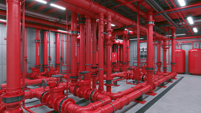 Industrial Fire Protection Pump Room with Red Pipes