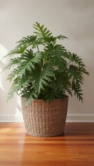 Fototapeta premium Lush green monstera plant in a woven basket on polished wooden floor with soft natural light