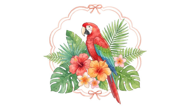 Exotic Watercolor Vector Illustration featuring a Vibrant Red Macaw Parrot perched amidst Lush Tropical Foliage Jungle Leaves and Blooming Floral Hibiscus Flowers Isolated on White Background