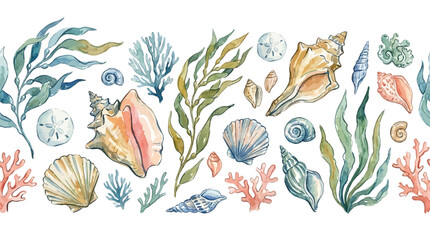 Elegant Watercolor Underwater Floral Horizontal Banner Featuring Delicate Hand Drawn Sea Shell Marine Algae and Botanical Aquatic Element for Artistic Summer Design Decoration Background. © Lang