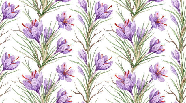 Elegant Watercolor Seamless Pattern Featuring Vibrant Saffron Crocus Flowers and Graceful Botanical Branches Isolated on a Clean White Background for Textile Design and Artistic Wrapping Paper