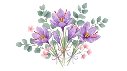 Vibrant watercolor vector bouquet featuring lush green eucalyptus foliage and delicate saffron blossoms, elegant botanical arrangement for wedding invitation and decorative artistic design. © Lang