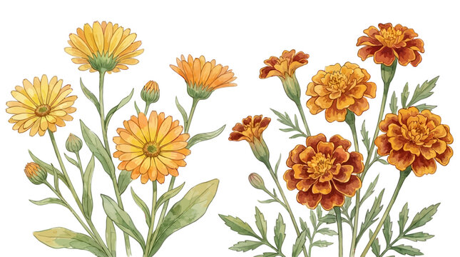 Detailed artistic hand-drawn watercolor vector botanical illustration of blooming orange calendula marigold flower with green leaves isolated on white background for garden and floral design.