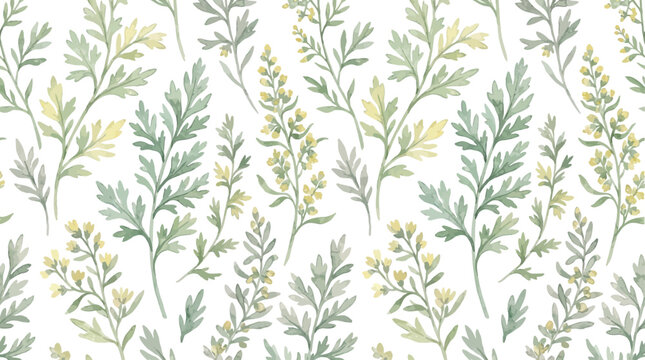 Elegant watercolor vector seamless pattern featuring botanical wormwood sprigs with delicate silver-green foliage and tiny yellow flowers isolated on a clean white background for textile design.