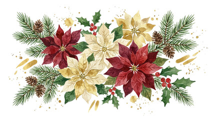 Hand painted watercolor Christmas floral illustration card featuring red poinsettia flower, winter holly berry, and evergreen foliage for festive holiday greeting and seasonal design. © Lang