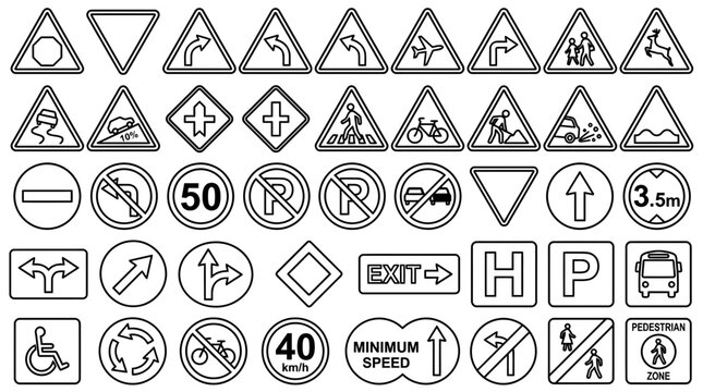 Collection of Black and White Road Signs and Traffic Symbols