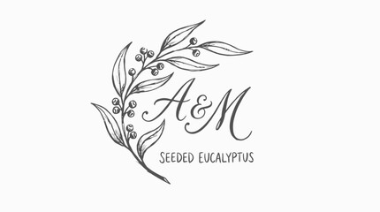 Fototapeta premium Elegant Hand Drawn Seeded Eucalyptus Branch Logo Featuring Delicate Green Foliage and Floral Elements for Wedding Stationery, Botanical Herb Illustration for Minimalist Branding Identity