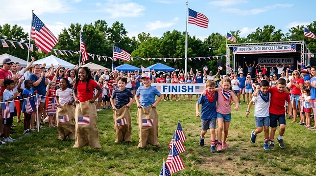 Outdoor festival with sack race and american flags people celebrating