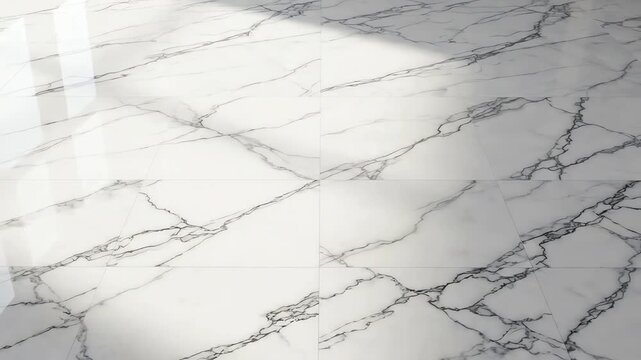 Top down view of seamless white marble tiles with intricate gray veining textures shifting under changing soft lighting conditions