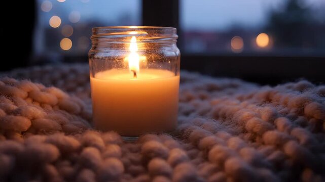 Warm ambient glow of a candle in a jar placed on a chunky knit wool throw in a cozy room during twilight with soft shadows