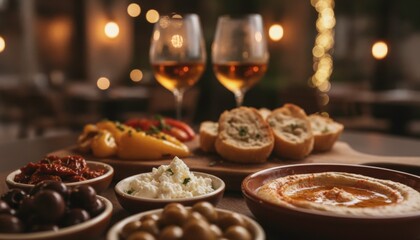 Fototapeta premium Elegant dining table setting with assorted appetizers, wine glasses, and warm ambient lighting