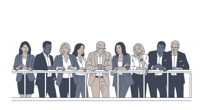 Diverse group of business professionals standing together, looking forward with determination and teamwork, symbolizing corporate leadership and future vision.