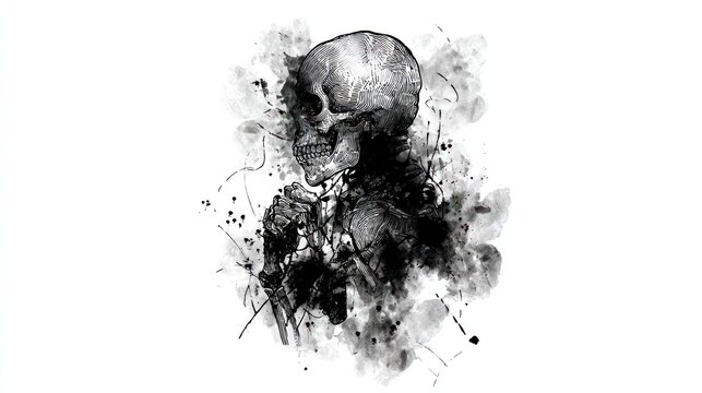 Artistic skull illustration in black and white against a plain background