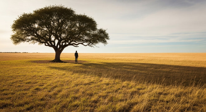 A lone figure stands beneath a large, mature tree in a vast, sunlit field, casting a long shadow on the dry, golden grass under a clear sky