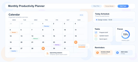 Monthly productivity planner and calendar interface design. Modern SaaS web dashboard template with organized schedule grid, today task checklist, progress charts. Vector planner app, website ui © 24 std