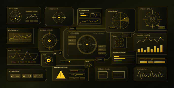Futuristic HUD cyberpunk interface elements and sci-fi dashboard components pack. Futuristic frames with cyber tech ui, kit, radar screens, targets, data, charts. Vector HUD, GUI cyberpunk elements