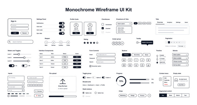 Monochrome wireframe UI kit for website and mobile app development. UX, UI elements including buttons, forms, inputs, tables and components in minimalist outline flat style. Vector interface kit