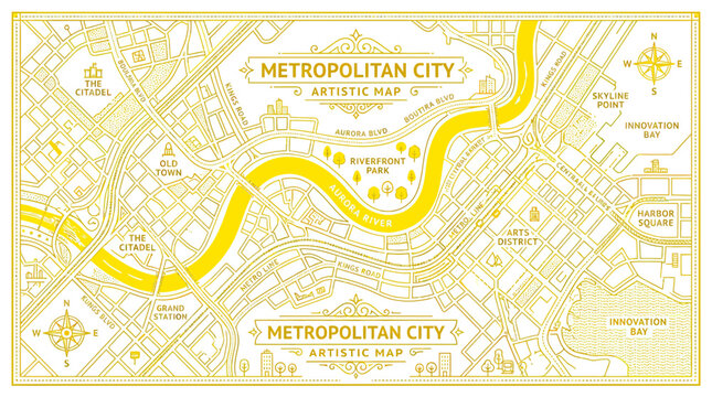 Artistic Metropolitan City Map with River, Yellow and White Design
