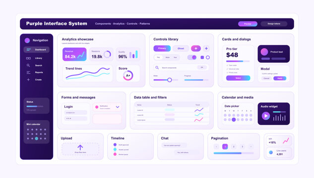 Purple web interface design system UI, kit. Modern SaaS dashboard components library featuring analytics charts, controls library, data tables, chat widgets, forms, and navigation sidebar menu. Vector
