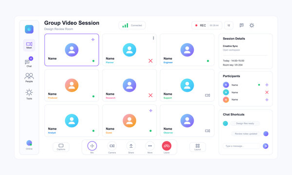 Group video conference session interface template. Modern web application UI layout for online meetings, video calls, corporate webinars, virtual classrooms, and remote team collaboration. Vector app
