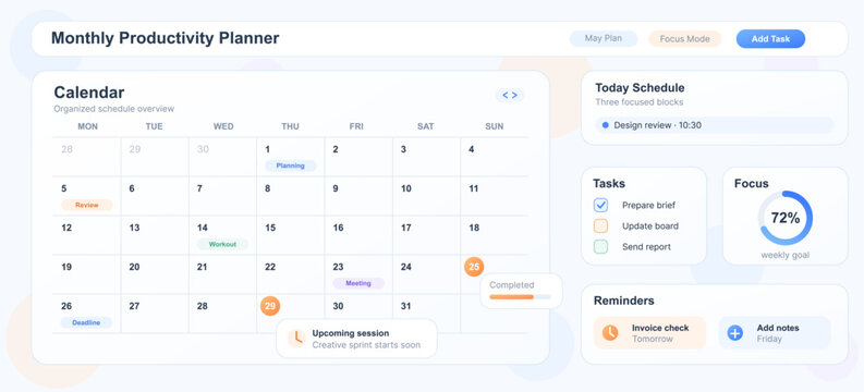 Monthly productivity planner and calendar interface design. Modern SaaS web dashboard template with organized schedule grid, today task checklist, progress charts. Vector planner app, website ui