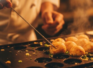 Fototapeta premium Chef Preparing Takoyaki Balls on Hot Griddle with Steam in Warm Lighting