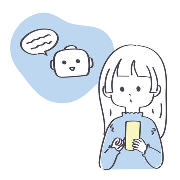 スマートフォンでAIサービスを利用する若い女性の手描きイラスト