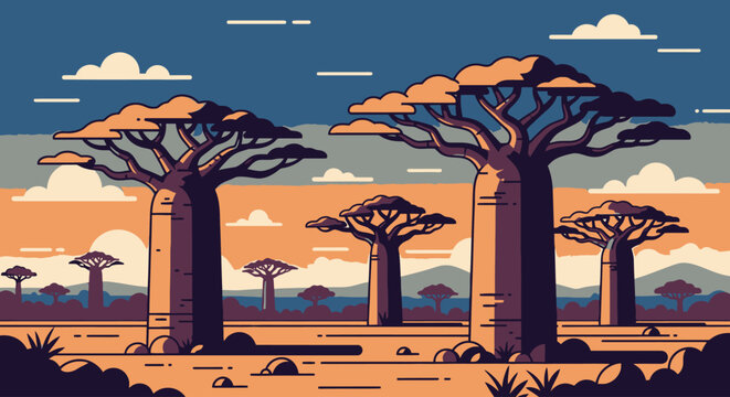 Baobab Trees Landscape African Savannah Sunset