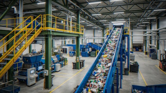An interior view of a modern industrial recycling facility featuring a long conveyor belt transporting sorted waste materials for processing.