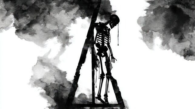 Silhouette of skeleton hanging from gallows against abstract smoke background