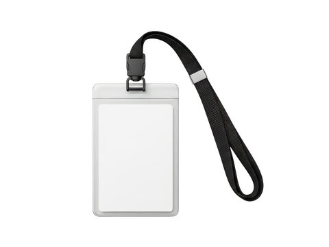 Blank white id badge holder with a black neck lanyard isolated on transparent background