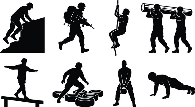 Military Training Silhouette Collection with Obstacle Course Combat Fitness and Tactical Exercise Icons