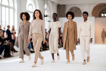 Fototapeta premium Diverse group of female fashion models walking on runway