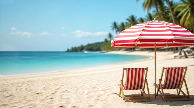 Red and white striped beach chairs with umbrella on sandy beach