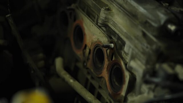 Car engine exhaust manifold ports with old metal gasket close up