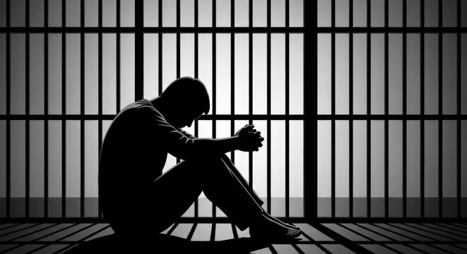 Silhouette of a sad man sitting in a prison cell