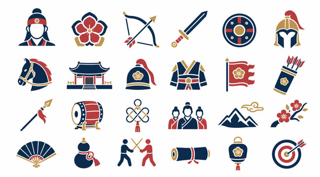 Colorful Traditional Korean Cultural Symbols and Icons Collection.