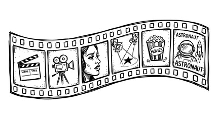 Film Reel with Cinema Icons: Movie Making, Astronaut, and Popcorn © Kuning