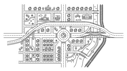 Obraz premium Hand-drawn City Map with Roads, Houses, and Roundabout