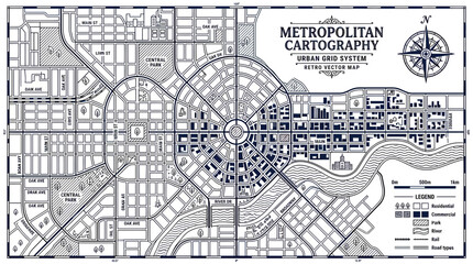 Obraz premium Metropolitan Cartography Urban Grid System Retro Vector Map