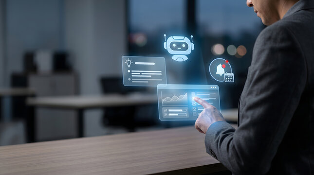 Business professional using virtual assistant hologram for smart productivity and digital workplace solutions