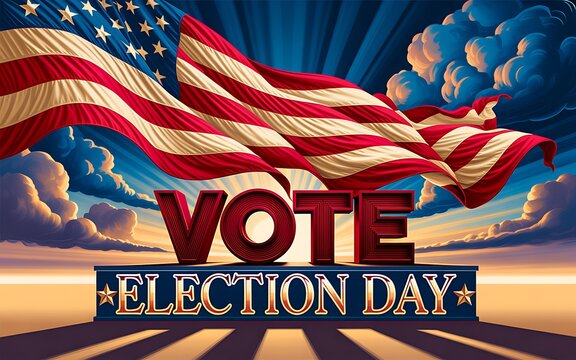 American flag waving in the wind with vote election day sign