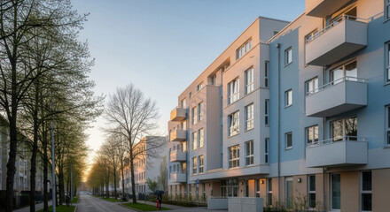 Fototapeta premium Modern Apartment Buildings Lined With Trees At Sunrise Low Angle View