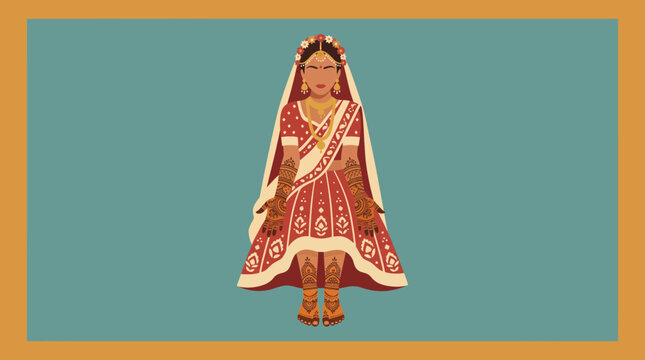 Bride Decorated with Henna Patterns Flat Style Vector Illustration
