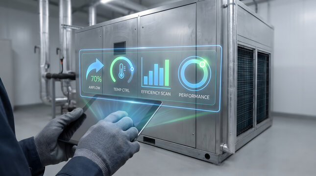 Engineer performing HVAC system inspection using holographic technology for industrial equipment analysis