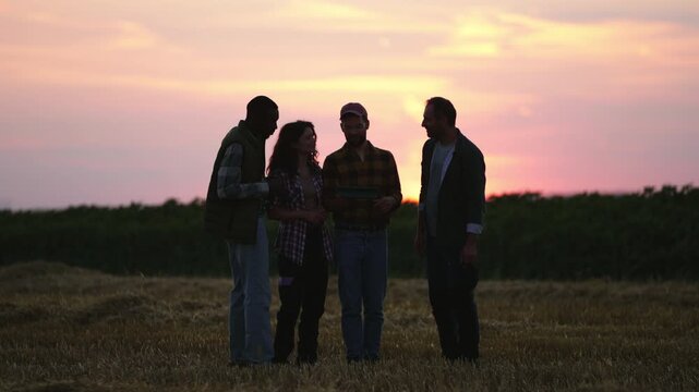 Farmers gathered in an open field during sunset, sharing a conversation about farming, rural work and agricultural production.